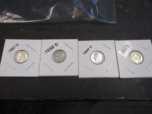1957-D, 58-D, 60-D and 64-D Roosevelt Silver Dimes - Ready for Album.