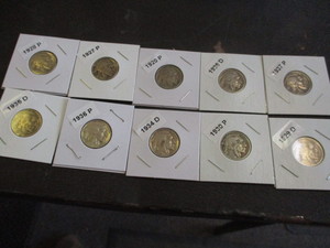 Lot of 10 Buffalo Nickels with readable dates and mint marks - 20-P, 27-P, 28-P, 29-D, 30-P, 34-D, 35-D, 36-P, 36-D, 37-P