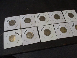 Lot of 10 Buffalo Nickels with readable dates and mint marks - 20-P, 25-P, 26-P, 28-P, 29-P, 30-P, 34-P, 35-S, 36-S, 37-P