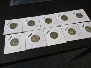 Lot of 10 Buffalo Nickels with readable dates and mint marks - 25-P, 26-P, 27-P, 28-P, 29-P, 30-P, 34-D, 35-P, 36-P, 37-D
