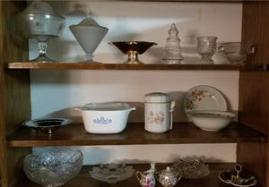 Dishes, Vintage cloth curtains, Towels and linens