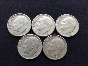 5 90% Silver Roosevelt Dimes