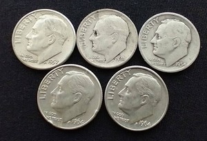 5 90% Silver Roosevelt Dimes