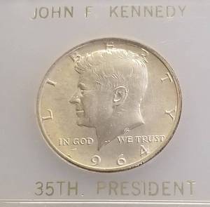 1964 KENNEDY SILVER HALF DOLLAR IN WHITE CASE