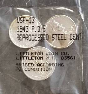 3 COIN 1943 US WARTIME STEEL CENT SET P-D-S LITTLETON SEALED