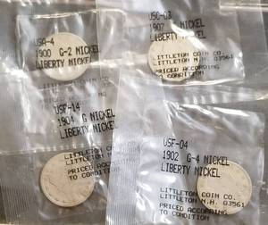 GROUP OF 4 US LIBERTY NICKELS 1900 1902 1904 1907 LITTLETON SEALED