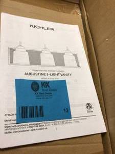 lot 12 image: KICHLER Augustine 22 in. 3-Light Brushed Nickel with Whitewashed Faux Wood Vanity Light Customer Returns See Pictures