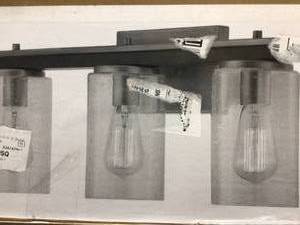 lot 36 image: Hampton Bay Boswell Quarter 3-Light Vintage Brass Vanity Light with Painted Black Distressed Wood Accents Customer Returns See Pictures