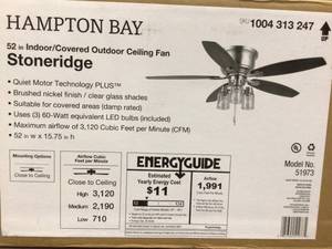 lot 56 image: Hampton Bay Stoneridge 52 in. IndoorOutdoor LED Brushed Nickel Hugger Ceiling Fan with Light Kit and 5 Reversible Blades Customer Returns See Pictures