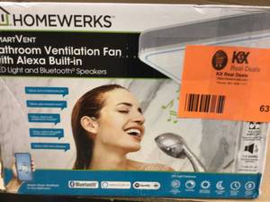 lot 63 image: HOMEWERKS 110 CFM LED Ceiling Mounted Bathroom Exhaust Fan with Alexa Voice Assistant and Bluetooth Speakers Customer Returns See Pictures