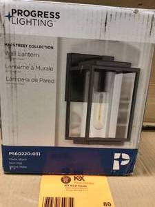 lot 80 image: Progress Lighting Macstreet 9 In. 1-Light Matte Black Modern Outdoor Wall Lantern with Clear Glass Customer Returns See Pictures
