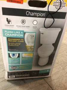 lot 103 image: Champion Tall Height 2-Piece High-Efficiency 1.28 GPF Single Flush Round Front Toilet in White Seat Included by American Standard Customer Returns See Pictures