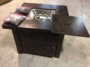 lot 108 image: Rio 38 in. x 29 in. Square Wicker and Steel Propane Gas Fire Pit Table in Hammered Bronze by Pleasant Hearth Customer Returns See Pictures