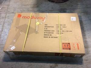 lot 110 image: Wiscasset Acacia Wood Outdoor Coffee Table in Light Gray by MODWAY Customer Returns See Pictures