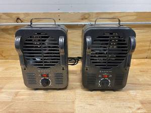 lot 74 image: SOLEIL Lot of 2- Small Milk House Heaters- Fan Forced 750w1500w Metal