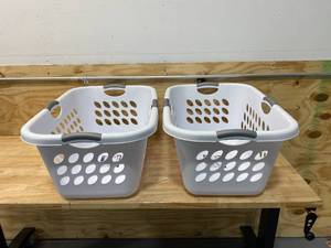 lot 81 image: STERILITE Lot of 2-  2 Bushel 71 Liter Ultra Laundry Baskets- White With Gray Inserts In Hand