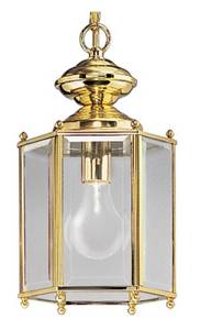 lot 53 image: PROGRESS LIGHTING 1-Light Polished Brass Clear Beveled Glass Traditional Outdoor Hanging or Flush mount Convertible Lantern Light