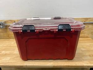 lot 50 image: HUSKY 20-Gal. Professional Duty Waterproof Storage Container with Hinged Lid in Red