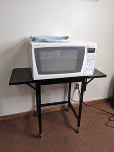 lot 342 image: Sharp Microwave & Black Metal Stand with Folding Sides