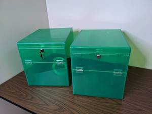 lot 409 image: Lot of Two Green Plastic, Locking Display Boxes