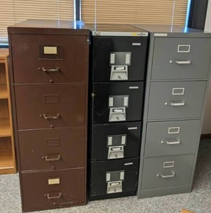 lot 358 image: Lot of 3 Metal Filing Cabinets in Brown, Black and Grey