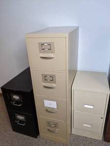lot 330 image: Set of (3) Vintage Vertical Filing Cabinets - Variety Size & Color