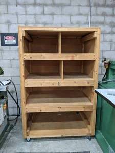 lot 2941 image: Heavy Duty Wooden Shelving Unit on Wheels