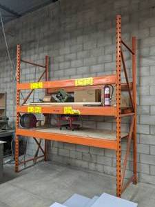 lot 136 image: Industrial 3-Tiered Orange Pallet Rack Shelving Unit