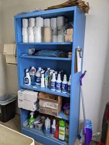 lot 36 image: Large Metal, 5-Tier Storage Shelf  CleaningBathroom Supplies (Uline, Zep, Dawn, Swiffer and More)