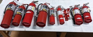 lot 449 image: Collection of (8) Fire Extinguishers with Brackets