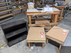 lot 456 image: Set of (2) Tables, Workbench, and Bookshelf
