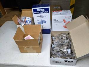 lot 448 image: Lot of Protective Equipment - Disposable Foam Earplugs, Safety Goggles, QB200 Replacement Pods, Plug Tails, and more