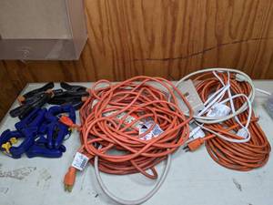 lot 447 image: Assorted Clamps, Extension Cords, Power Strip Surge Protectors
