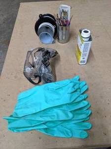 lot 711 image: Collection of Funnels, Paint Brushes, Safety Goggles, Gloves, Paint Thinner