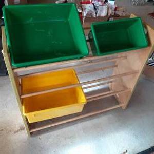 Wooden rack with plastic bin organi...