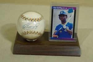 Ken Griffey Jr Signed Baseball and Rookie Card with Stand