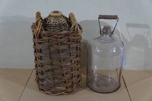 Antique Stoneware Jug in Wicker Holder and Glass Carboy Jug
