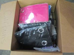box of curtains, duvets and other m...