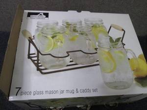 lot 228 image: 7 pc Glass Mason Jar Mug & Caddy Se...