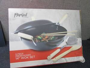 lot 303 image: Parini 5 pc Preseasoned 14 inch Wok...