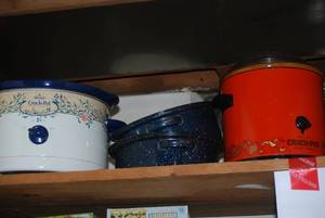Shelf of contents, 2 crock pots, ro...