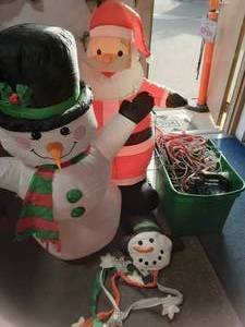 Large Blow Up Santa, Large Blow Up Snow Man, Projector, Lighted Candy Cane Set, More