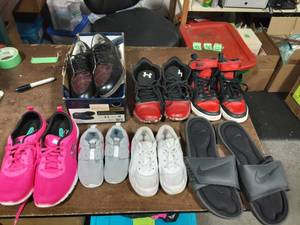 Nike High Tops Size 5-12, Under Armour Size 5-12, Jog Golf Shoes, Size 8-12, Nike Flip Flops Size 14, Sketchers Size 9 Womens, 2-Little Pair Kids Size 9,11