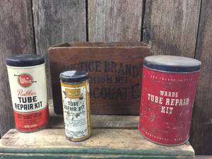 lot 66 image: Vintage Tube Repair Tins in Wooden Chocolate Box