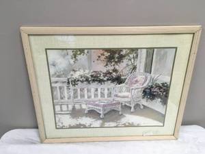 lot 938 image: Wicker chair on porch watercolor