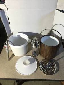 2 ice bins and drink mixer and ice tongs