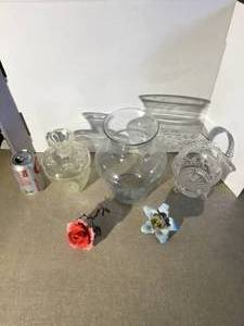 Lead crystal candy dish plastic container large glass vase and 2 roses