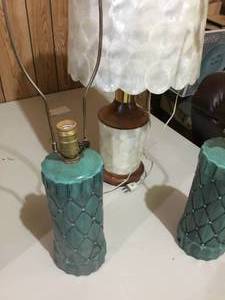 3 lamps 2 ceramic and one seashell