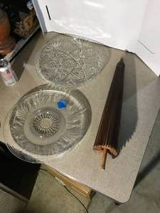 2 large glass platers and paper mashie umbrella