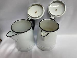 lot 92 image: 2 Vintage Enamel Coffee Pots with Hinged Lids
